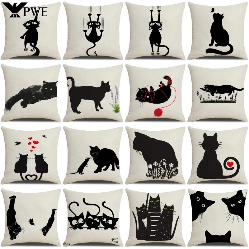 Funny Cats Printed Cushion Cover 45x45cm Linen Pillow Case Farmhouse Home Office Decor Throw Pillowcase Pillow Cover for Pillows