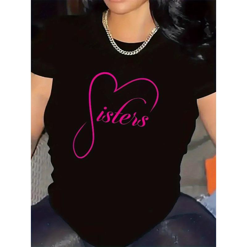 European sizes Women'S Black and White Polyester T-Shirt with Pink Heart Print - "Sisters" Design, Casual Crew Neck, Comfortable & Durable