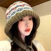 Chapeaux Fair Isle pour Femmes Automne et Hiver Grande tête Bonnets Tricotés Rétro Balaclavas Chapeaux en Laine Chauds Protégeant les Oreilles