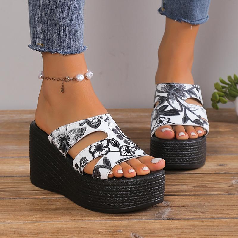 Fashion Women Wedge Slippers New Outdoor Open Toe High Heels Slippers Summer Floral Platforms Sandals Slides Women Zapatos De Mujer