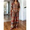 Vintage Bohemian Print Women's Temperament Simple Top Loose Drape Wide Leg Pants Summer Casual Two-piece Set
