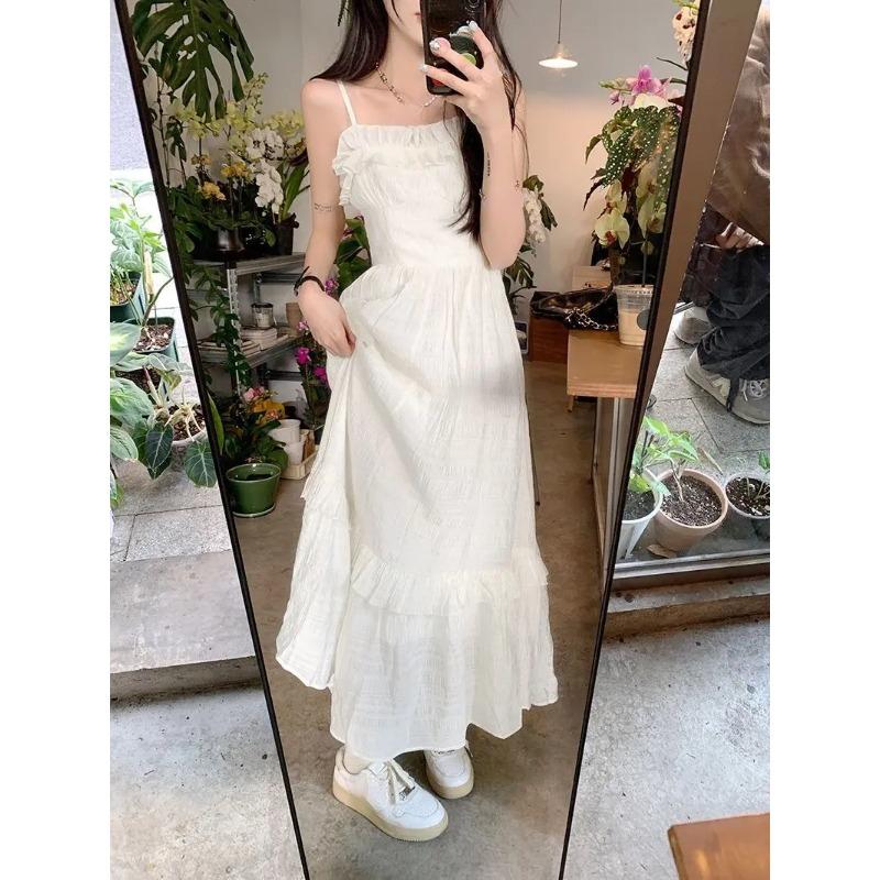 White Dress Women Sweet Ruffles Summer Sleeveless Princess Aesthetic A-line Sundress Holiday Leisure French Style Designed 2023