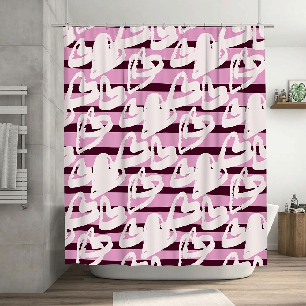 Charming Pink And White Striped Shower Curtain With Heart Design Modern Bathroom Decor For Home Decoration