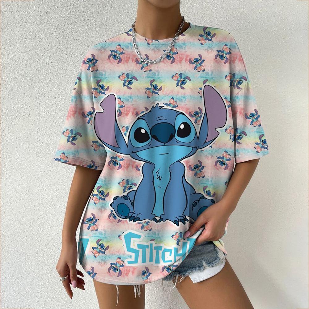 Kawaii koszulka damska Disney Lilo&Stitch casualowa koszulka Y2k z okrągłym dekoltem z krótkim rękawem 2025 letnia odzież damska