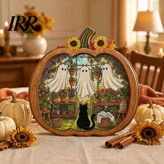 Autumn Pumpkin Table Decor Halloween Ghost Wooden Tabletop Ornament, 2D Flat Cute Reading Bathing Fall Harvest Home Decoration Watering Plaque