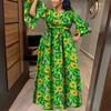 Women Plus Size Round Neck Ruffed Long Sleeve Collect Waist Printed Solid Colour Loose Dresses