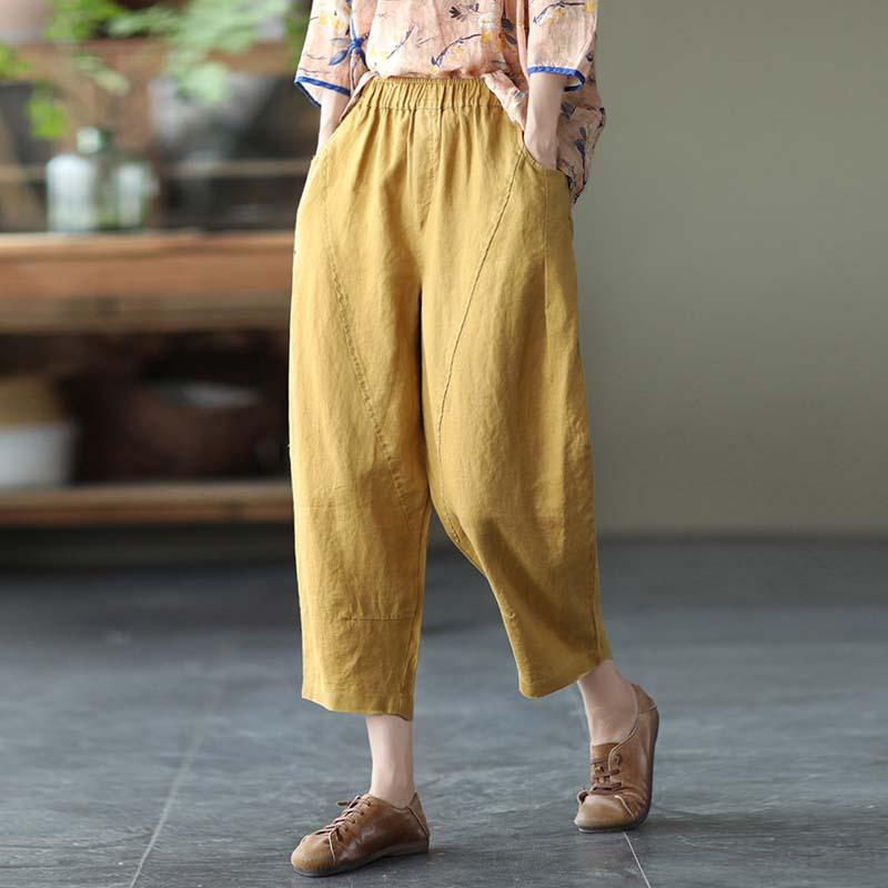 Spring Summer Linen Pants Women Solid Color Casual Ankle Length Pant Woman Lace Up Waist Loose Trousers