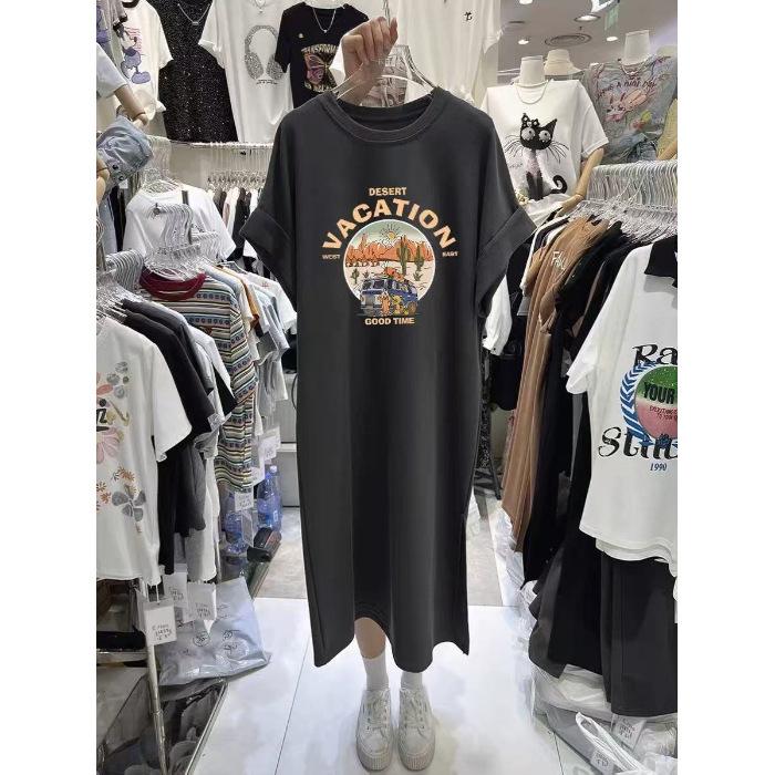 Summer New Printed Short-sleeved T-shirt Dress for Women, Korean Style Loose and Casual Plus-size Flying Sleeve Dress Long Dress