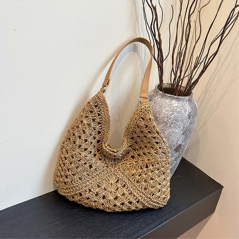 Sommer Stroh Stricktasche Hohlstrick-Tragetasche Einfarbige Strand-Umhängetasche Urlaubs-Reise-Handtasche Boho-Umhängetasche Für Damen Qualität