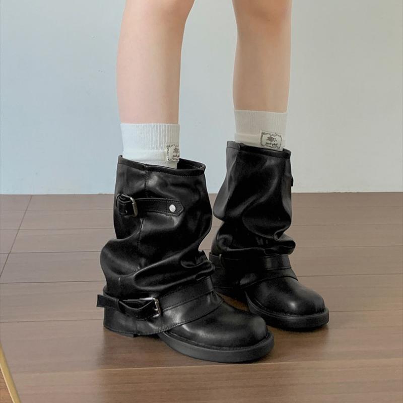 Herfst Dames Losse Cowboylaarzen tot Halve Kuit Dubbele Metalen Gesp Riemen Leren Blokhak Schoenen Korte Motorlaarzen
