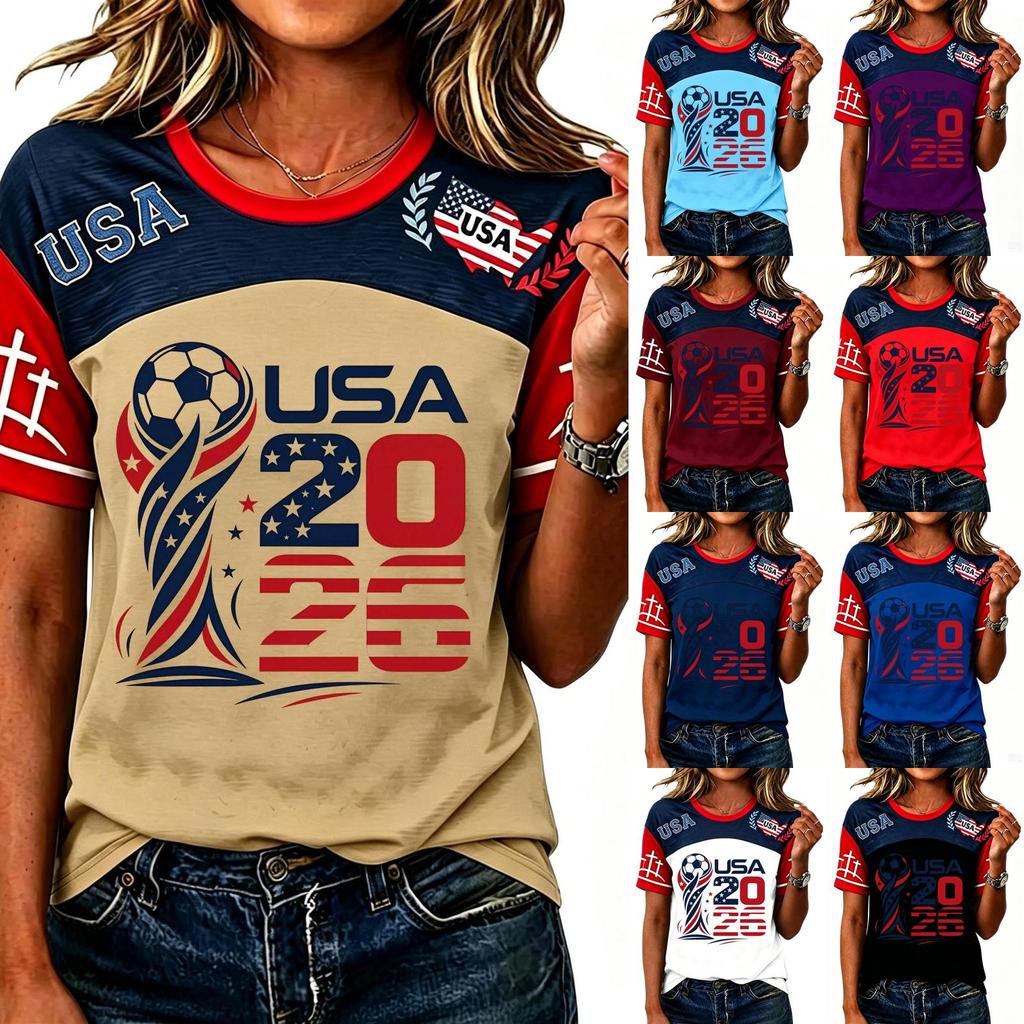 Women's USA Casual Short Sleeve Soccer Print Neck T-Shirt
