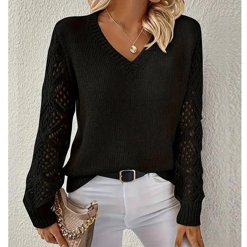 Women's Autumn and Winter Knitted Hollowed-out Long-sleeved V-neck Pullover Sweater