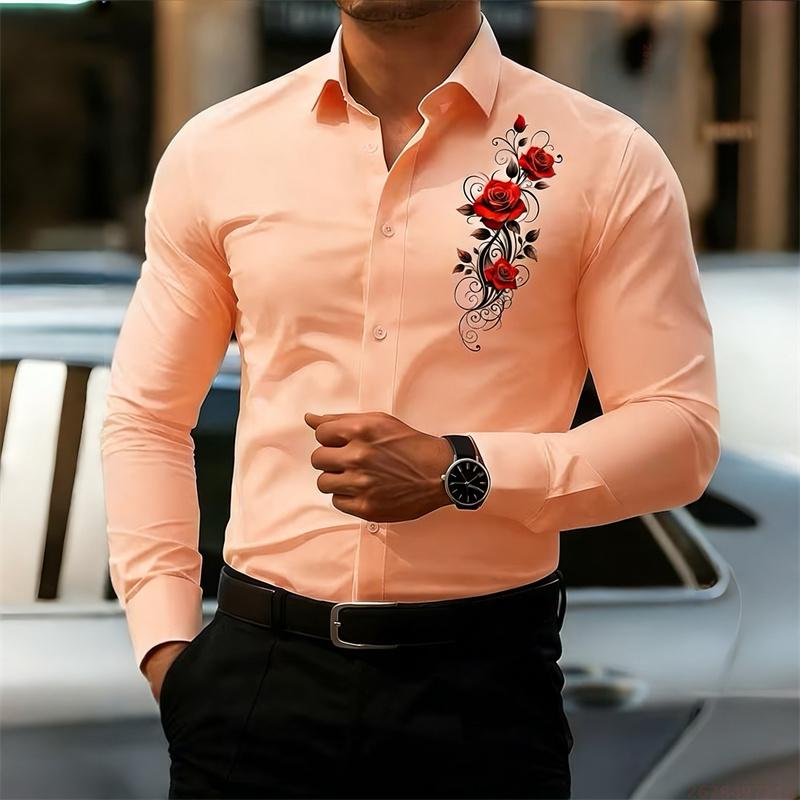 Chemise à manches longues pour homme, avec un design imprimé rose rouge vintage. Une chemise business casual élégante et tendance