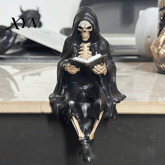 Gothic Bookshelf Accessory Halloween Reading Book Skeleton Figurine, Spooky Devil Resin Sculpture, Decor Black Robe Grim Reaper Statue for Home Office