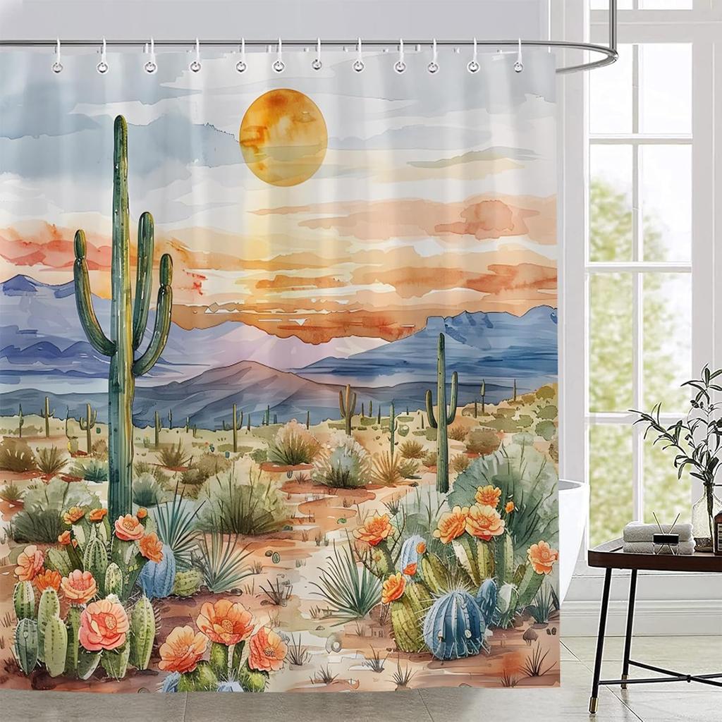 Western-style Shower Curtain Desert Cactus Sunset Landscape Watercolor Plants Floral Fabric Bathroom Decoration with Hook,