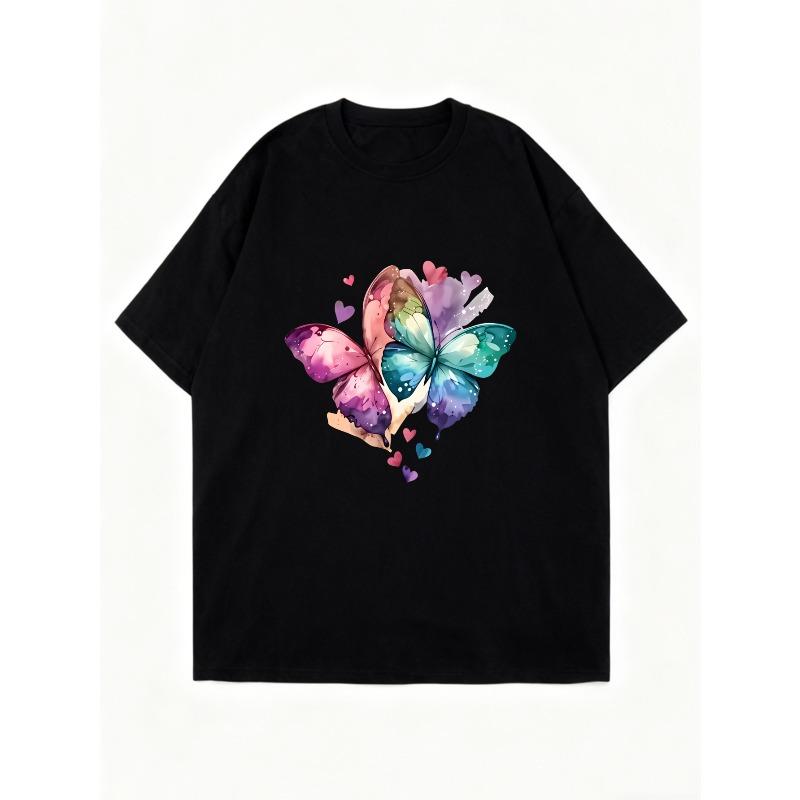 Oversized T Shirt Dress Black Rainbow Butterfly And Hearts Print Casual Streetwear For Women