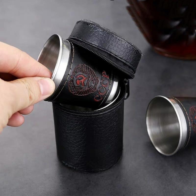 4 vnt./kompl. Degtinės taurė 304 PU dėklas Rusija Nerūdijančio plieno mini vyno taurė Nešiojamas personalizuotas 30 ml/75 ml/170 ml šotų stiklinių rinkinys