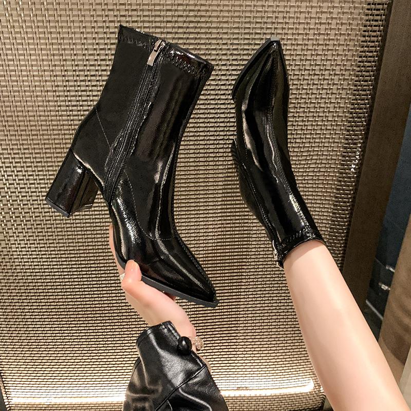 Jesienne damskie buty na obcasie Zimowe Plus aksamitne grube buty do kostki dla kobiet Wysokie obcasy Sukienka Casualowe damskie buty typu Chelsea