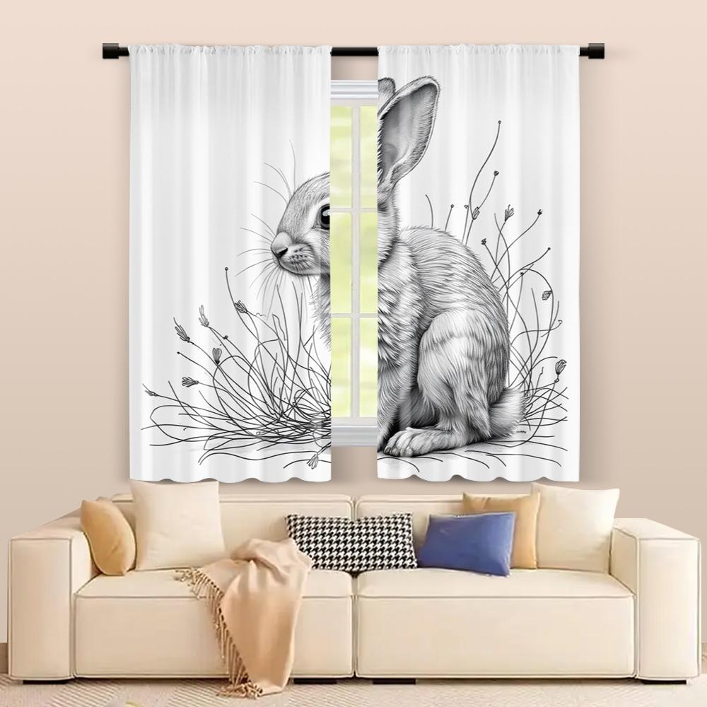 2 Pcs   Filtering Curtains (excluding Rods   Non-movable   Without Batteries) Chic Line Art Rabbit for Use In Bedrooms and Living