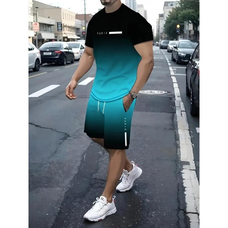 Men's 3D Printed Sports Two-Piece Set O-Neck T-Shirt Gradient Color Casual Fitness Short Sleeve Tops Shorts
