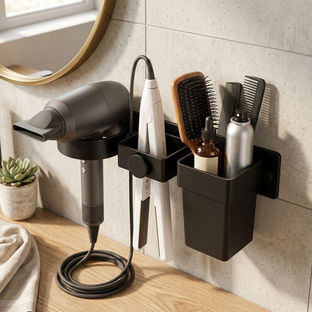 Multi-Slot Wall Mount Hair Dryer Holder Detachable Cup Plastic Curling Iron Storage Rack Waterproof Moisture Resistant