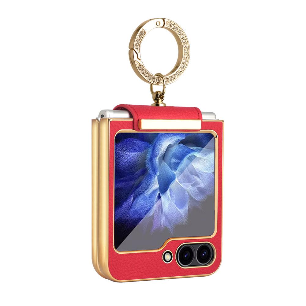 Custodia per Telefono in Pelle Placcata con Anelli di Diamanti Glitterati per Samsung Z Flip 6 5 4 3 Flip6 Flip5 Lusso Antiurto Cover Posteriore Protettiva