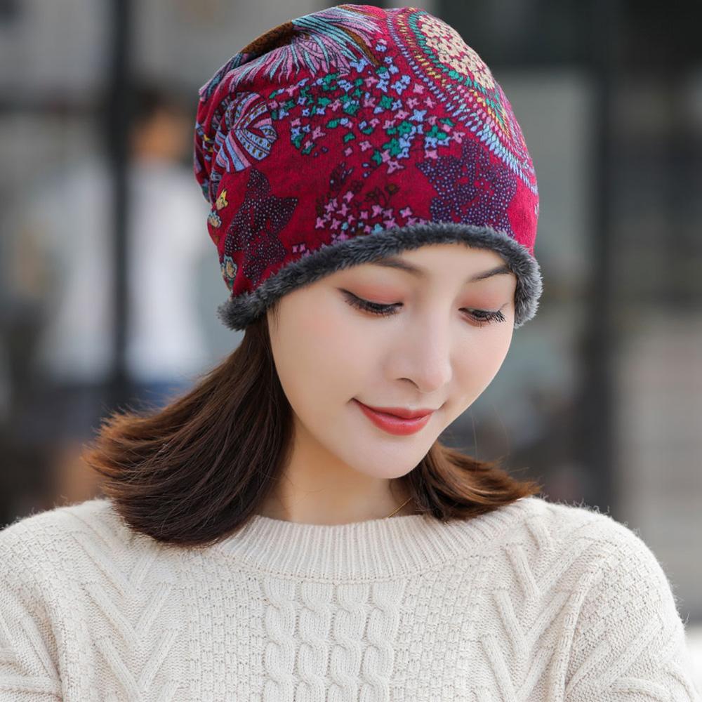 Fashion Autumn Print Flower Soft Plus Velvet Warmer Bib Hats Women Hat Velvet Bonnet Beanie