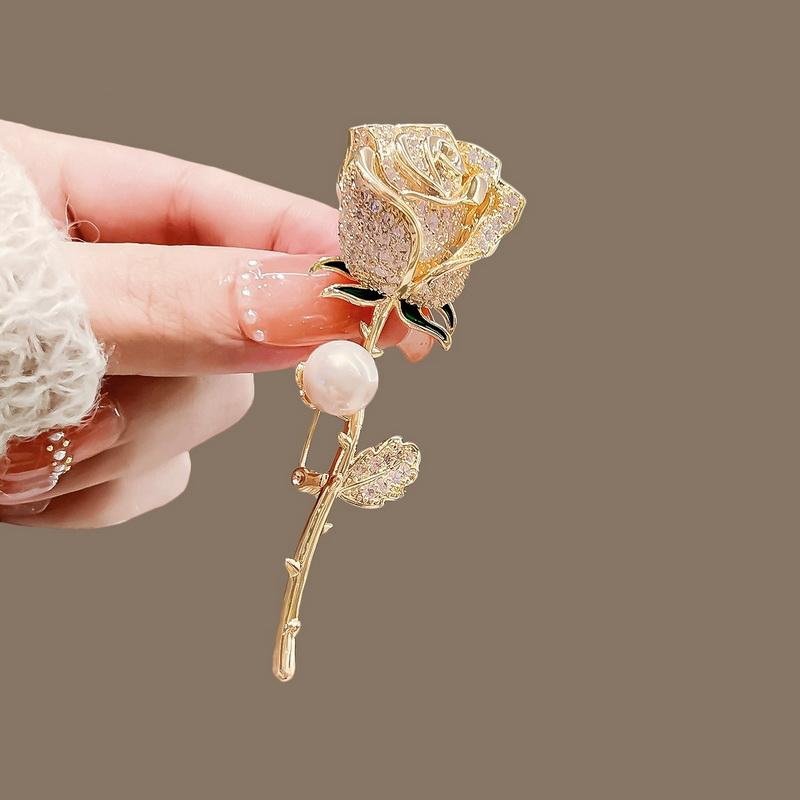 Luxury Full Rhinestone Rose Flower Brooch For Women Elegant Imitation Pearl Tulip Corsage Lapel Pins Wedding Party Jewelry Gift