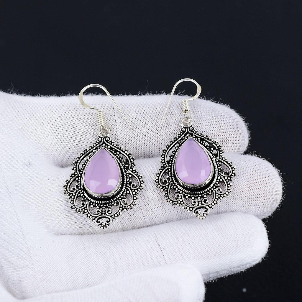 Rose Quartz Earrings, Gemstone Earring, Antique Rose Quartz Gemstone Silver Earring, 925 Solid Silver Gemstone Jewelry, Gemstone Earring For Her