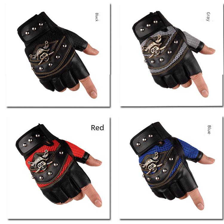 Men's Half-Finger Leather Pirate Gloves for Cycling and Outdoor Sports, with Skull and Rivet Design.