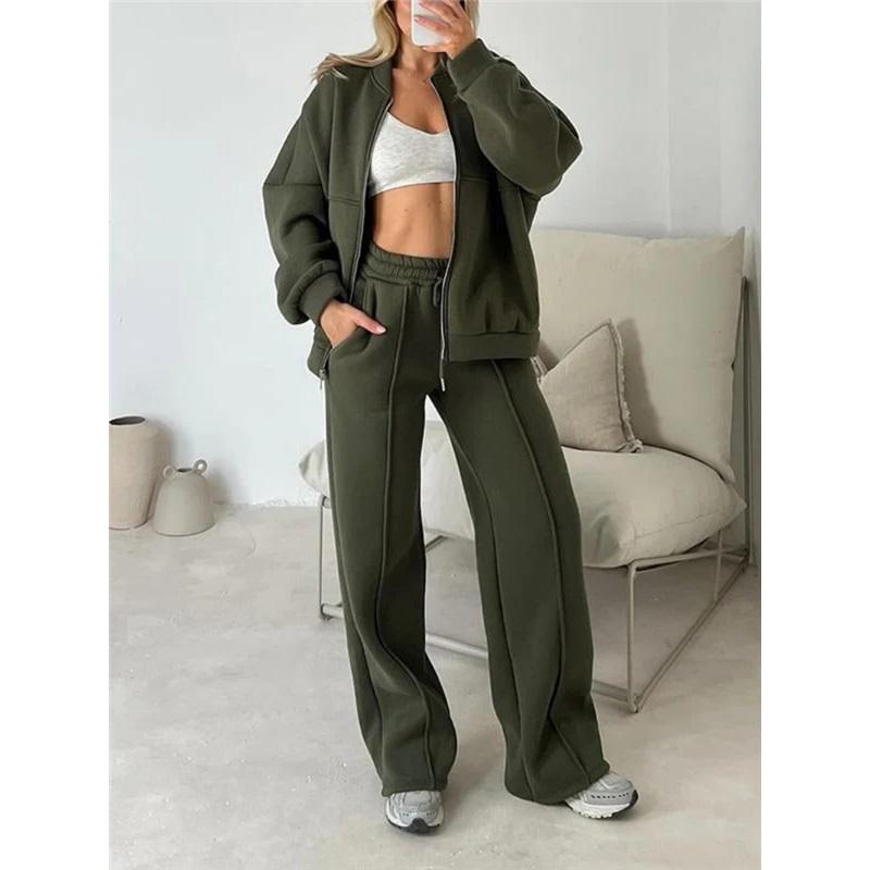 Women's 2 Piece Casual Tracksuit Zip Up Bomber Jacket And Elastic Waist Wide Leg Pants  Loungewear Set