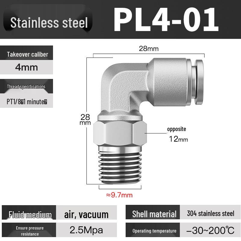Edelstahl Pneumatischer Luftschlauch Schnellkupplung Winkelstück PC4-01/PL6/8/10/12 Verbinder