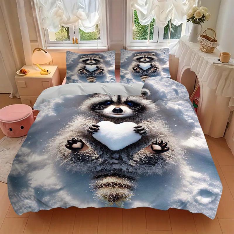 3-teiliges Waschbär Herz Schneeflocke Bettwäsche-Set - Enthält einen Bettbezug und zwei Kissenbezüge (Kein Kern) - Anime-Cartoon-Design, Polyesterstoff,
