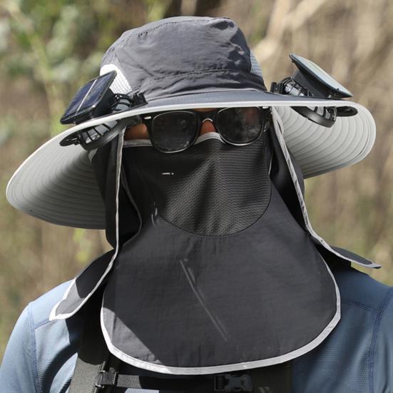 Solar Fan Hat with Face Guard Neck Flap UV Protection Hat with Solar Fan Rechargeable Breathable Men Summer Outdoor Fishing Wide Brim Bucket Cap