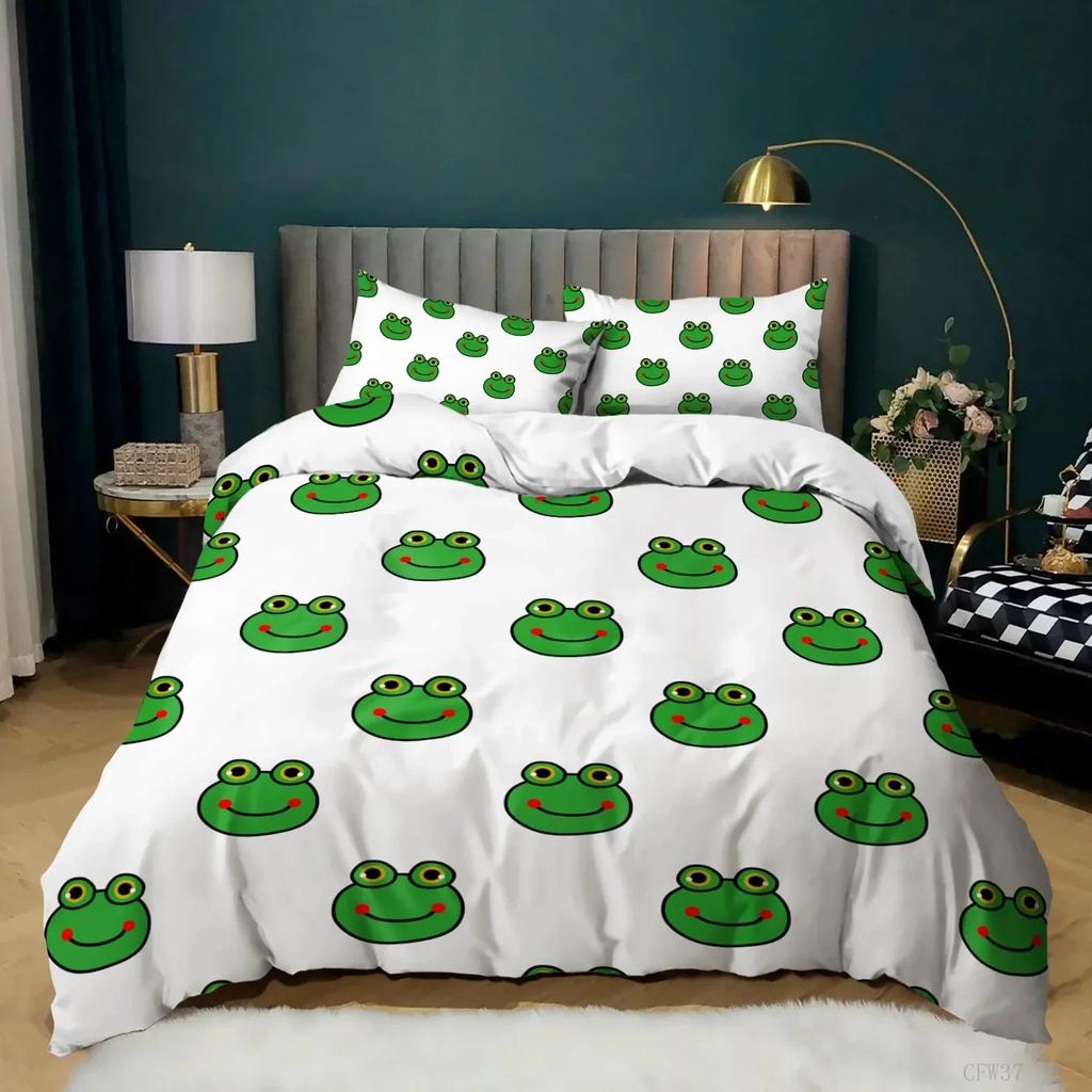 Cartoon Frog Duvet Cover Set Light Green Cartoon Frogs Cute Dragonfly Animal Bedding Set for Boy Twin Size Polyester Quilt Cover