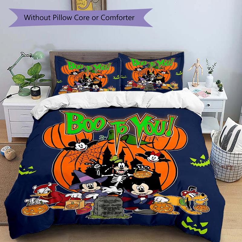 3pcs Halloween Mickey and Friends Boo To You Printed Bedding Set, Soft and Comfortable Quilt Cover for Bedroom, Guest Room (1 Duvet Cover + 2 Pil