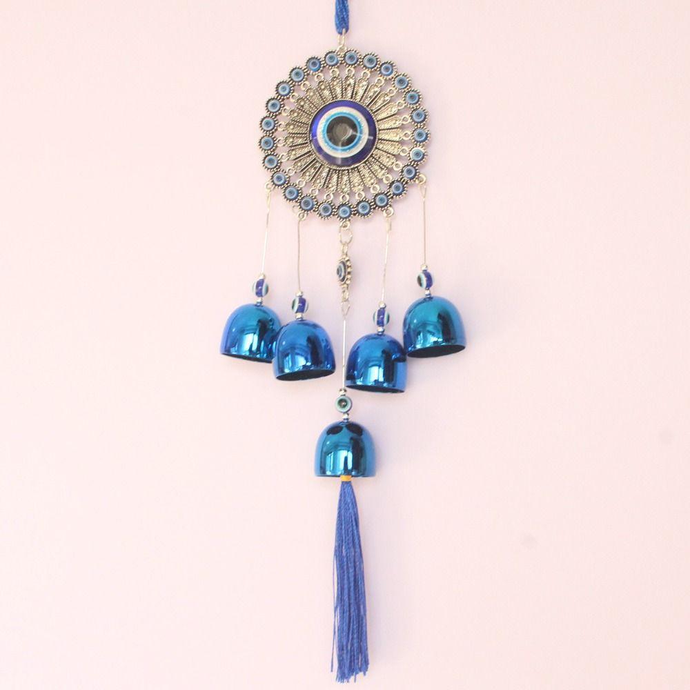 Flower Plate Evil Eyes WindBell Lucky Turkish Wall Decor Feng Shui Hanging Bell Blessing Protection Metal Blue Eye Wind Chime