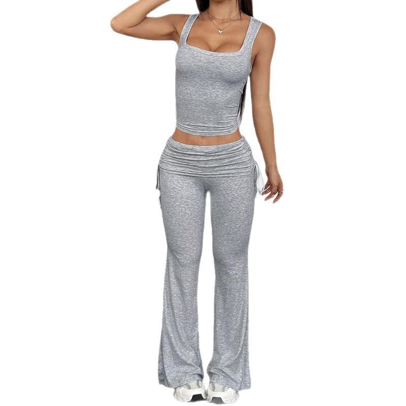 Solid Color Lace Up Two Piece Flared Pants Casual Commute Set For Women