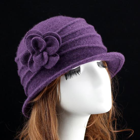 Flower Decor Wide Brim Round Dome Woolen Hat Middle Aged Ladies Elegant Bucket Hat