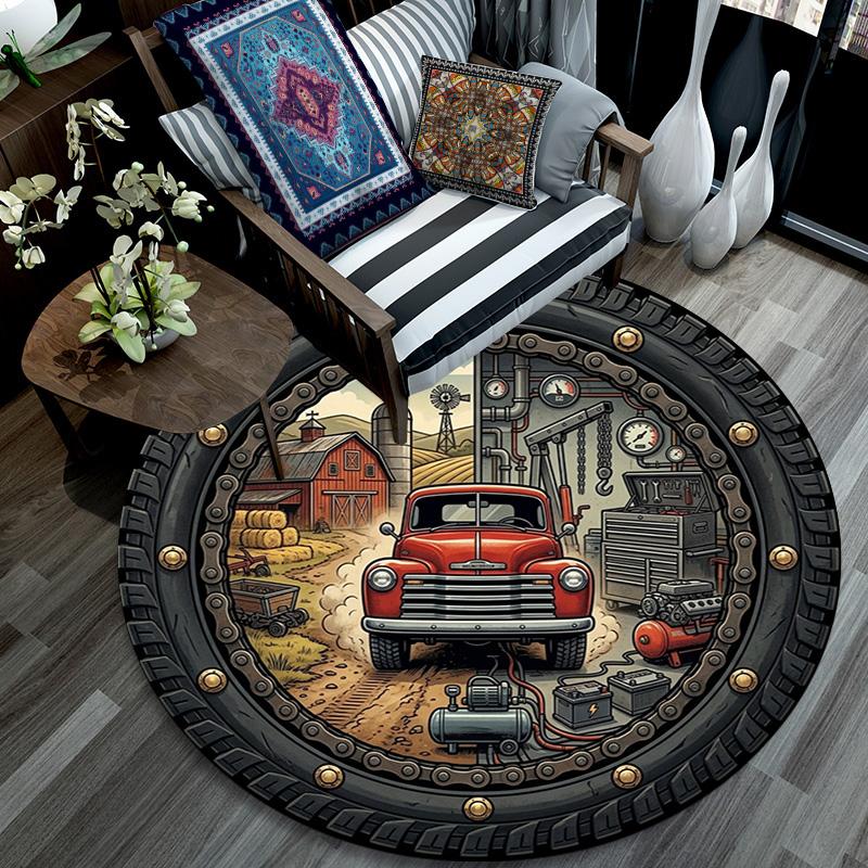 Vintage Truck Repair Workshop Round Area Rug Under Office Chairs Bedroom Living Room Home Decor