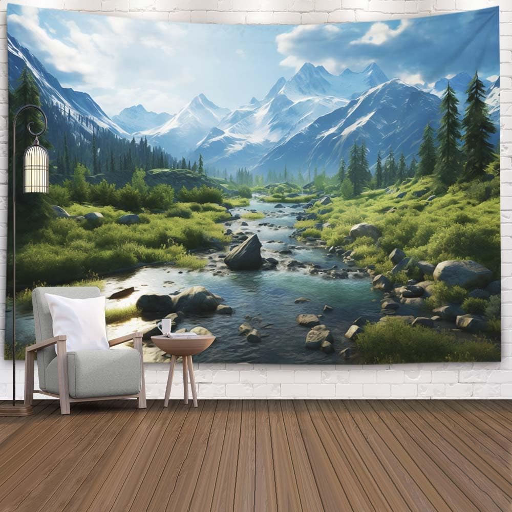 Mountain Forest Waterfall Tapestry Nature Landscape Wall Art Scenic Outdoor Decor for Living Room Bedroom