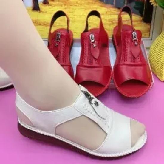 Zomer Dames Sandalen Rood Platte Sandalen Schoenen voor Dames Leer Peep Top Mama Schoenen Rits Instapper Sandalias De Mujeres In De Aanbieding
