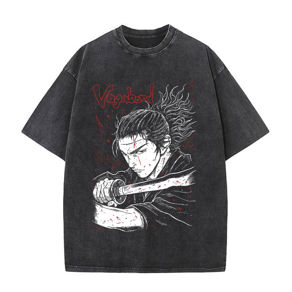Japanese Anime Vagabond Miyamoto Musashi Vintage Washed Tshirts Men Women Clothing Fashion Retro Cotton Short Sleeve T Shirts