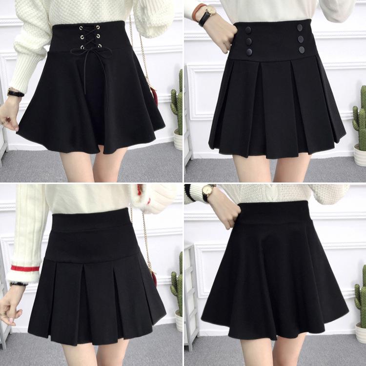 Women's High-Waisted Pleated A-Line Skirt – College Style Black Short Skirt for Spring & Autumn