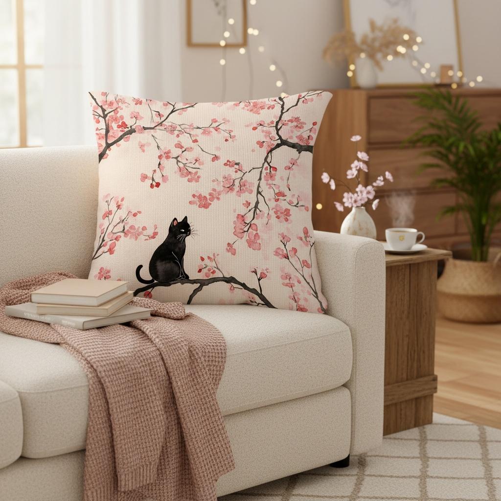 Cherry Blossom Black Cat Pillow Cover Watercolor Print Cushion Case Oriental Sakura Home Decor Gift