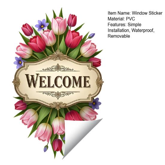 Tulip Welcome Sign Sticker Static Cling Window Decal Removable Waterproof Window Sticker No Residue for Shop Restaurant Home