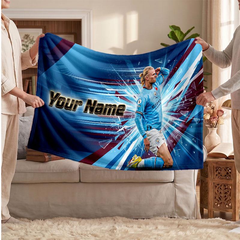 Erling Haaland Personalisierte Fleecedecke Mit Fußballlogo, Individueller Name Text Weich Warm Wohnzimmer Überwurfdecke