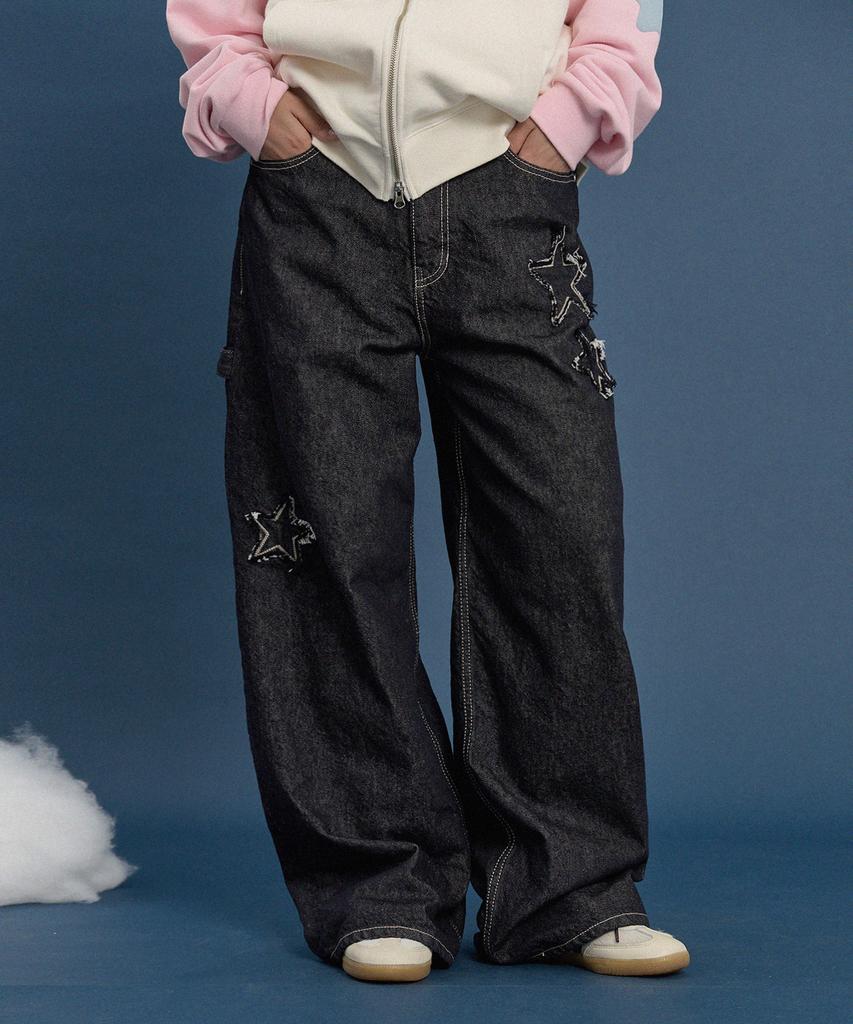 WAIKEI Star Applique Embroidery Denim Pants Indigo Blue
