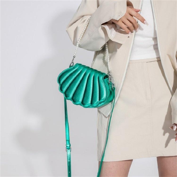 Women Shell Shape Shoulder Bag PU Crossbody Bag Pearl Chain Handbag Purse Ins