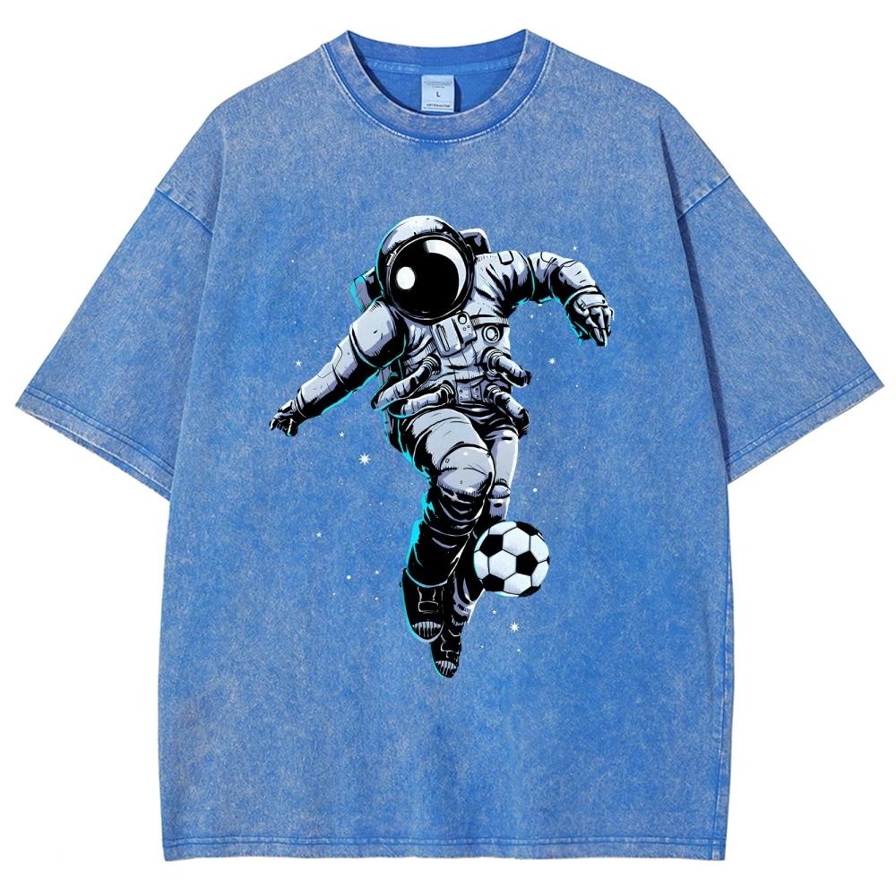 T-shirts de Football Astronaute Coupe Unisexe T-shirts Délavés Homme Femme Décontractés Manches Courtes T-shirts Coton T-shirt Oversize